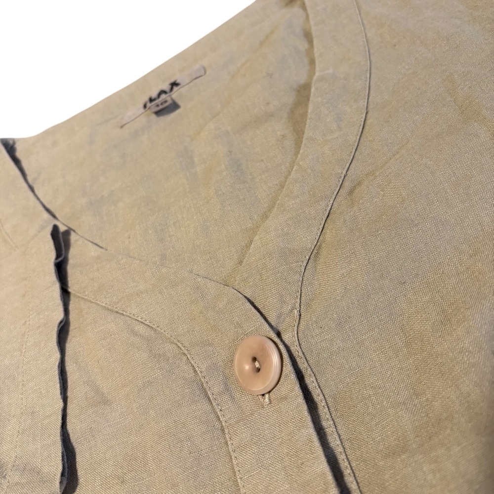 FLAX 100% Linen Top Women 1G Beige V-Neck 3/4 Sleeve Button Front Blouse Boxy